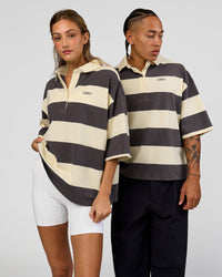 Duo wearing Oversized Rugby Polo - Off White-Grey| Model:Both | Size:Duo | Thumbnail Index: 8