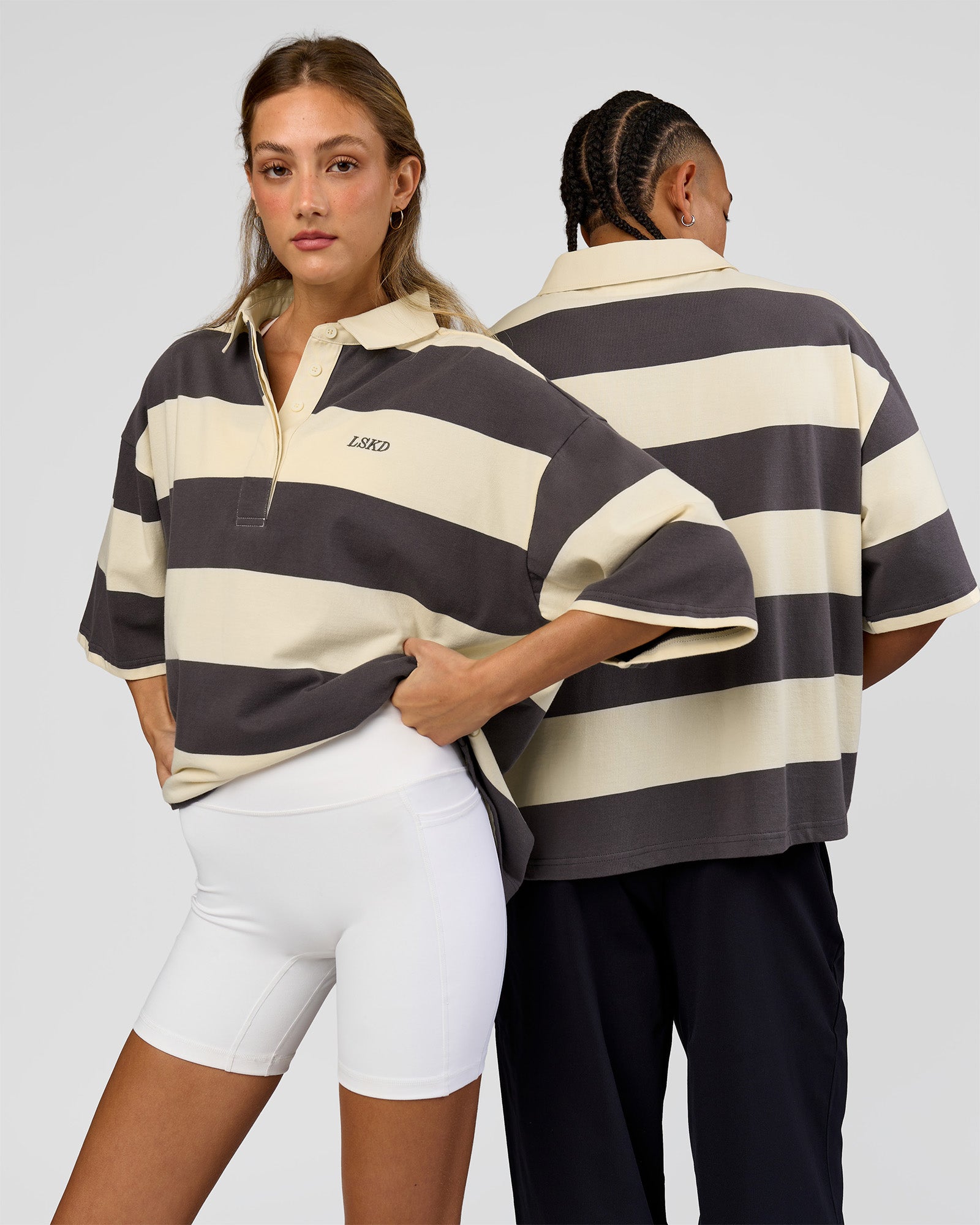 Duo wearing Oversized Rugby Polo - Off White-Grey| Model:Both | Size:Duo