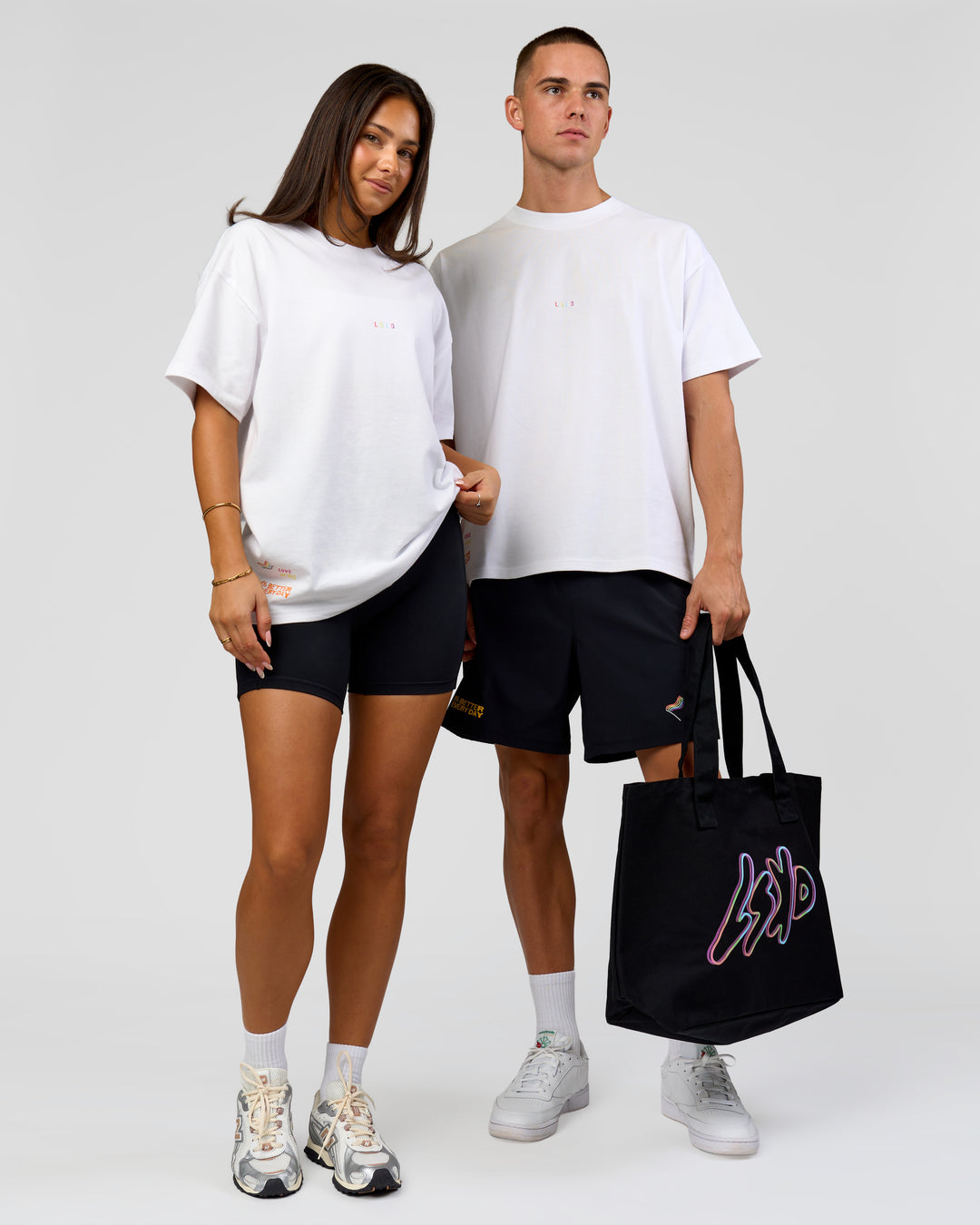 Duo wearing Pride Sticker Boxy Tee - White | Model:Bianca | Size:XS | Model:Albert | Size:M - view 17