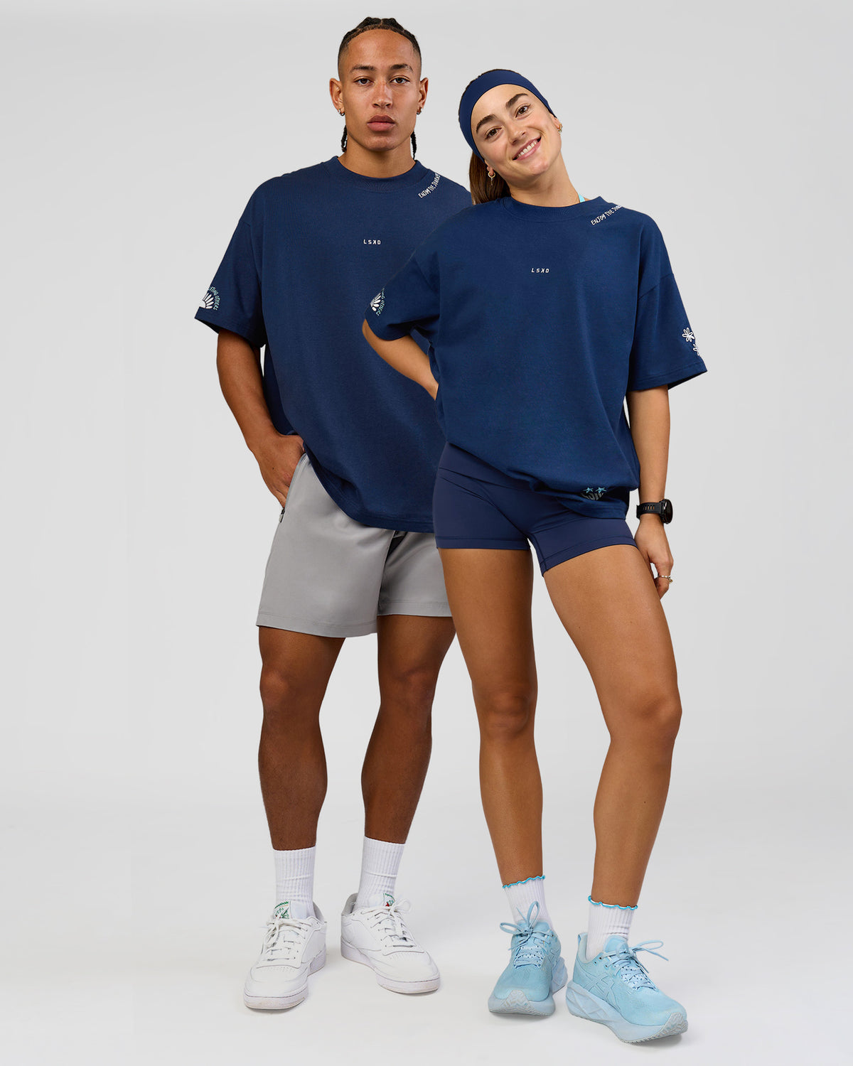 Duo wearing GG Heavyweight Oversized Tee - Future Navy | Model:Grace | Size:S | Model:Malebo | Size:M