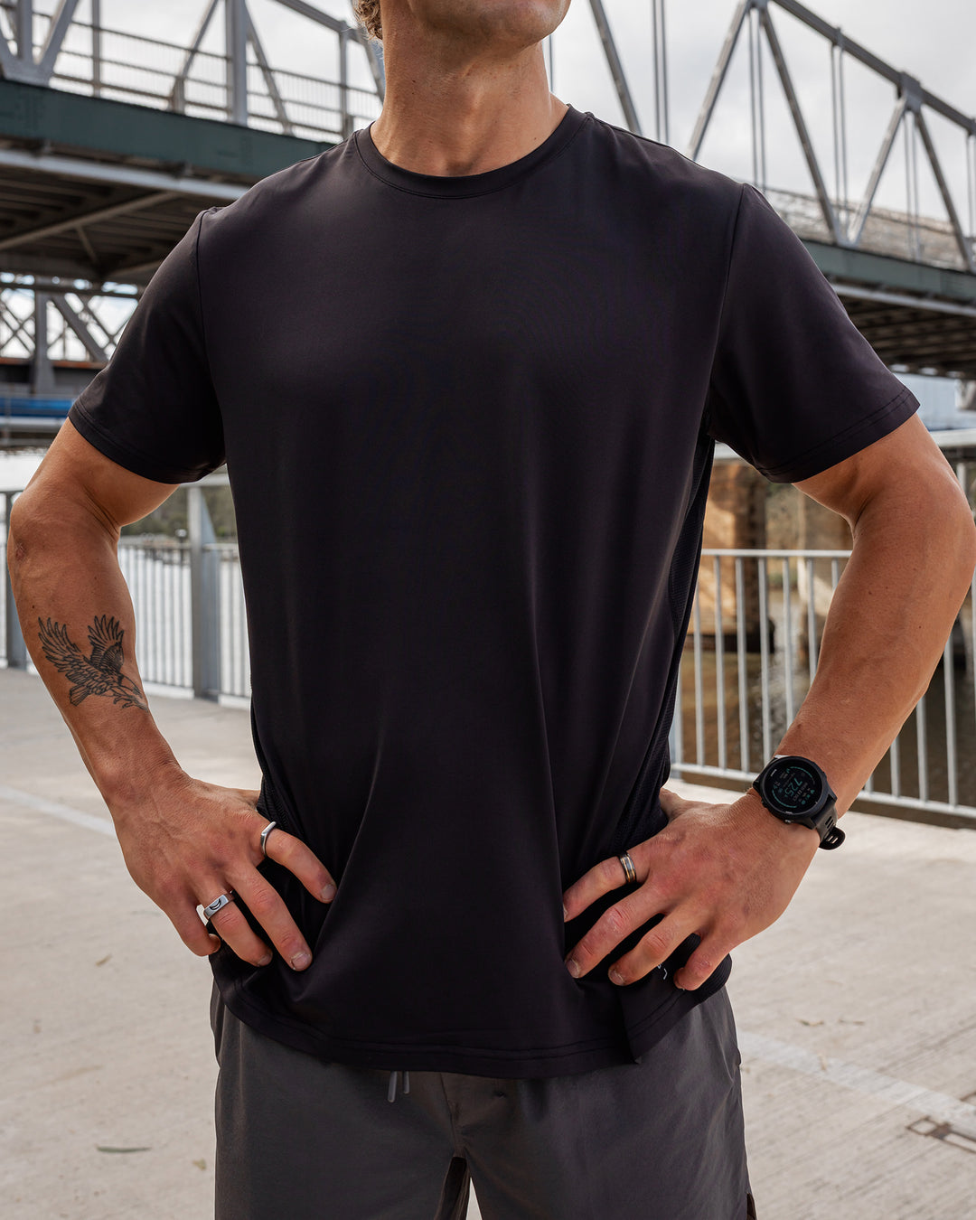 Man wearing AirTrack Tee - Black | Model:Kyal | Size:L - view 1
