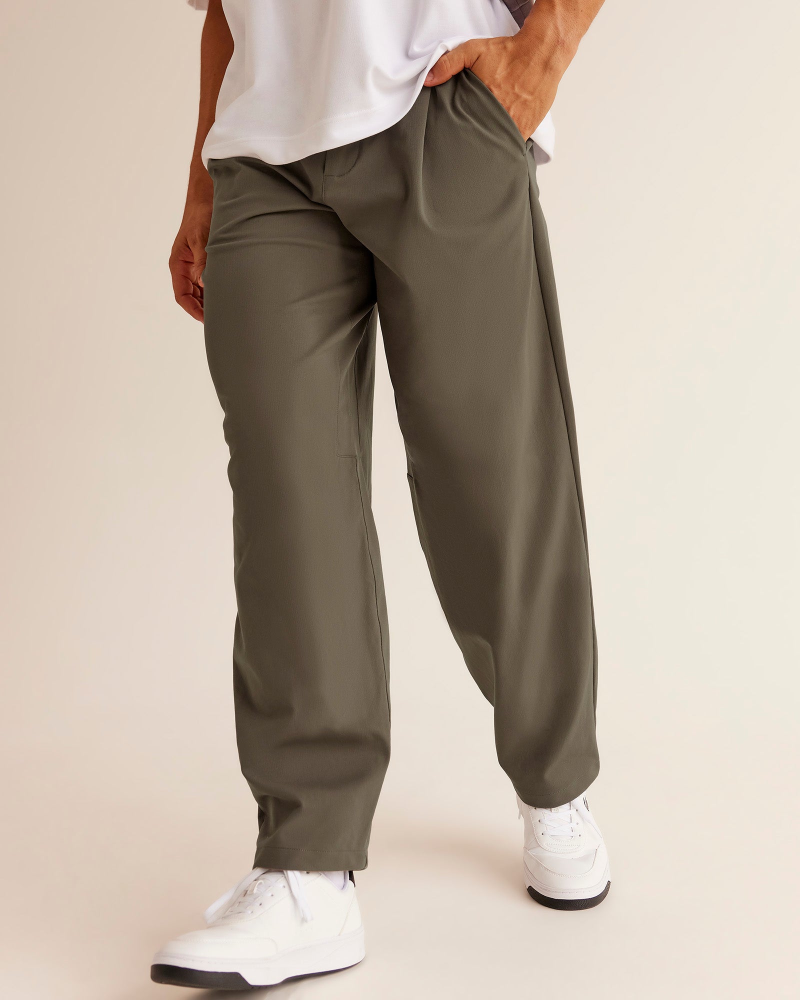 Man wearing All Day ZeroCrease™ Wide Leg Pant - Walnut Grey | Model:Jackson | Size:L