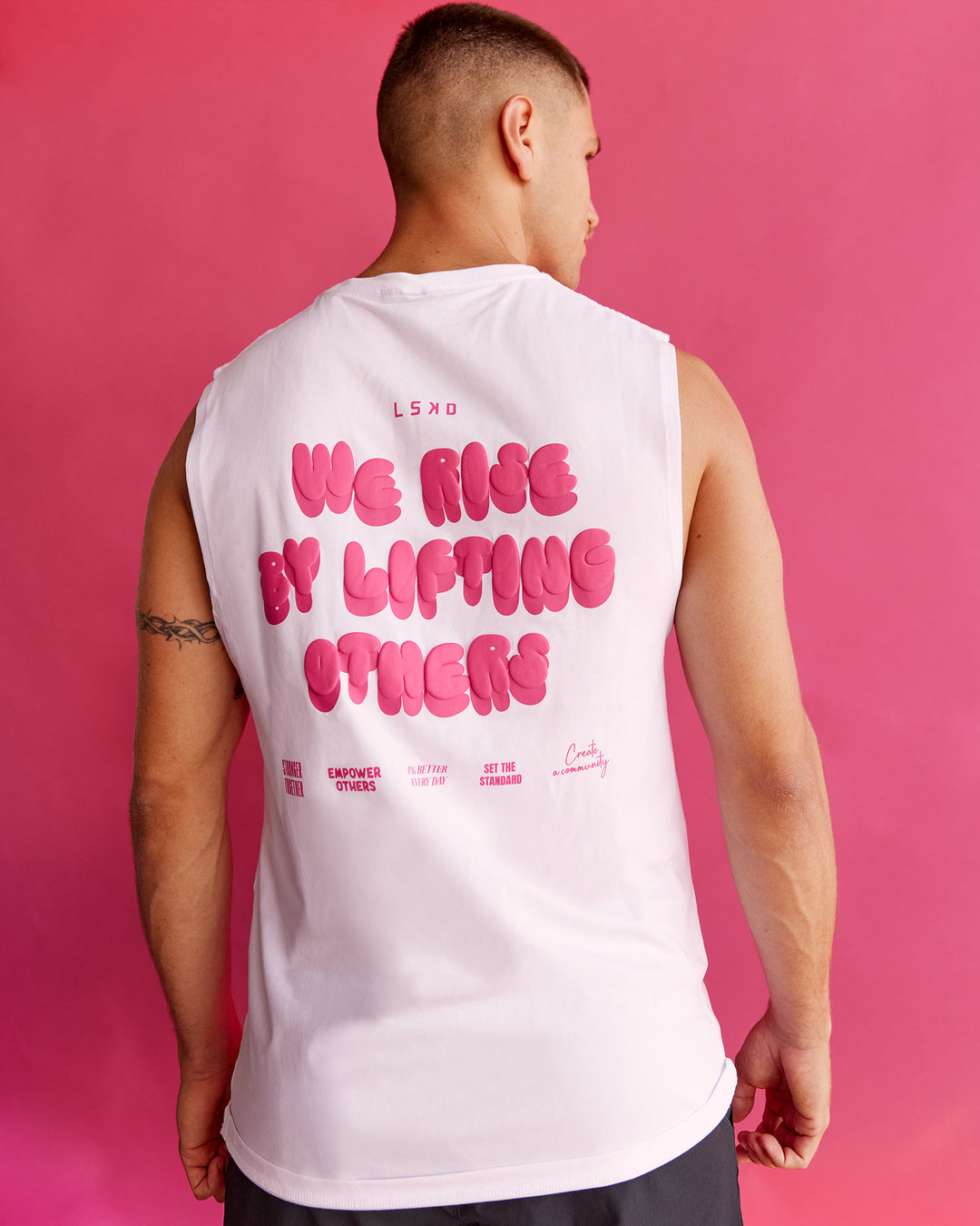 Man wearing BCAM FLXCotton Muscle Tank - White-Ultra Pink | Model:Nikola | Size:L - view 3
