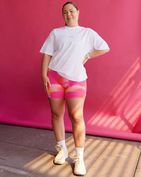 Woman wearing BCAM Go-To FLXCotton Oversized Tee - White-Ultra Pink | Size:L | Thumbnail Index: 3