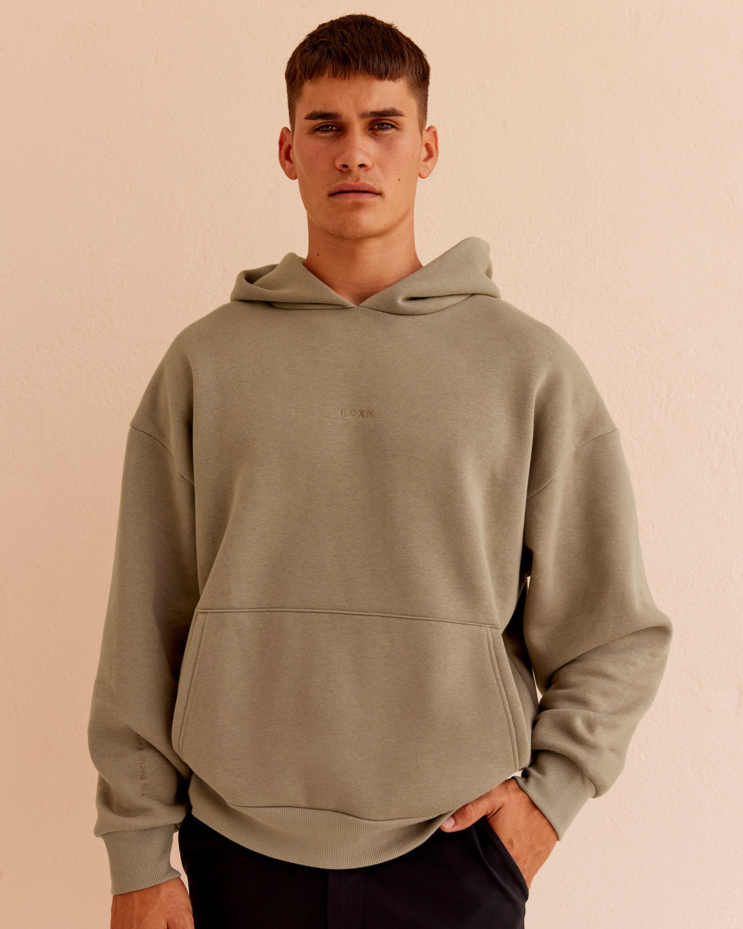 Man wearing Base Oversized Hoodie - Taupe Ash | Model:Jackson | Size:L - view 1