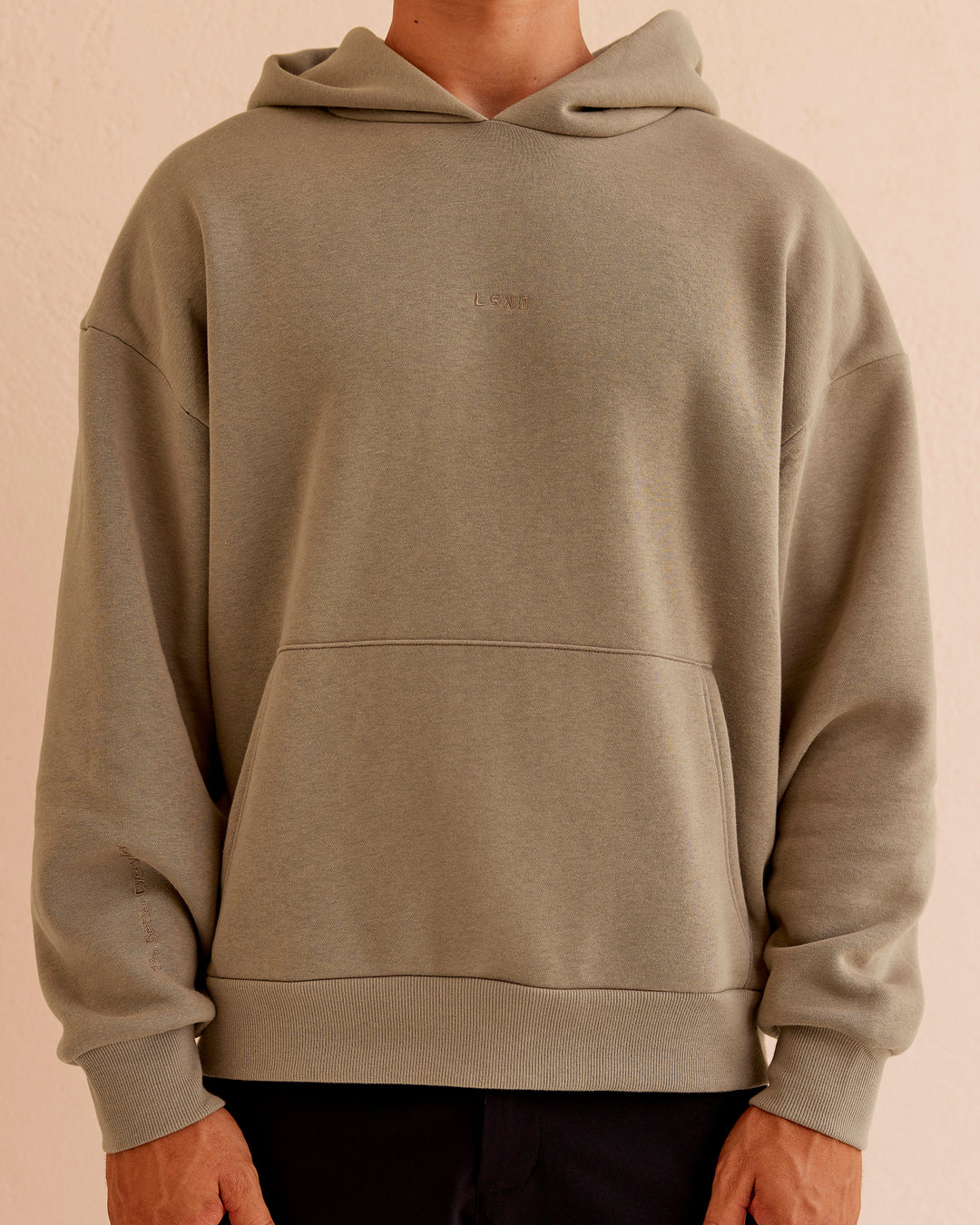 Man wearing Base Oversized Hoodie - Taupe Ash | Model:Jackson | Size:L - view 7
