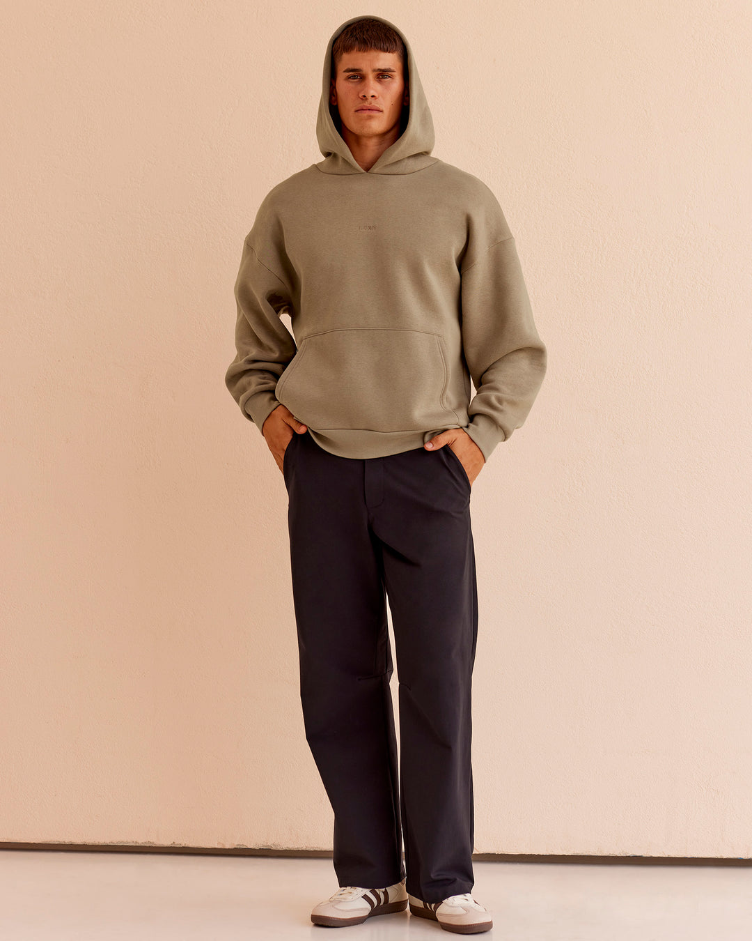 Man wearing Base Oversized Hoodie - Taupe Ash | Model:Jackson | Size:L - view 3