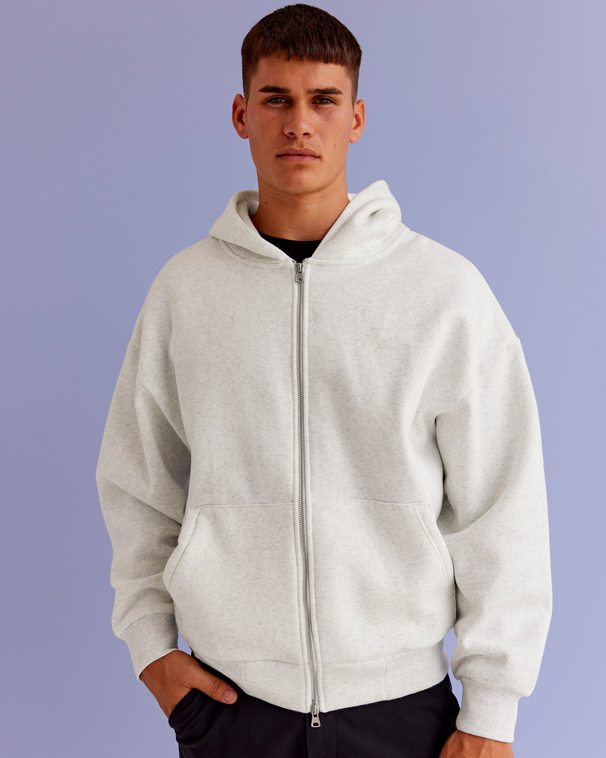 Man wearing Base Zip Through Oversized Hoodie - Silver Marl | Model:Jackson | Size:L