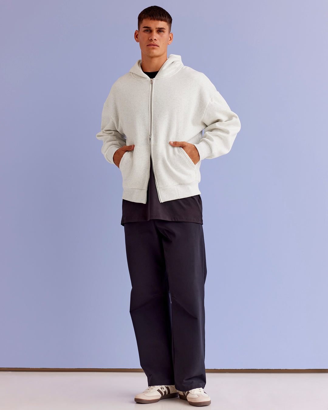 Man wearing Base Zip Through Oversized Hoodie - Silver Marl | Model:Jackson | Size:L - view 7