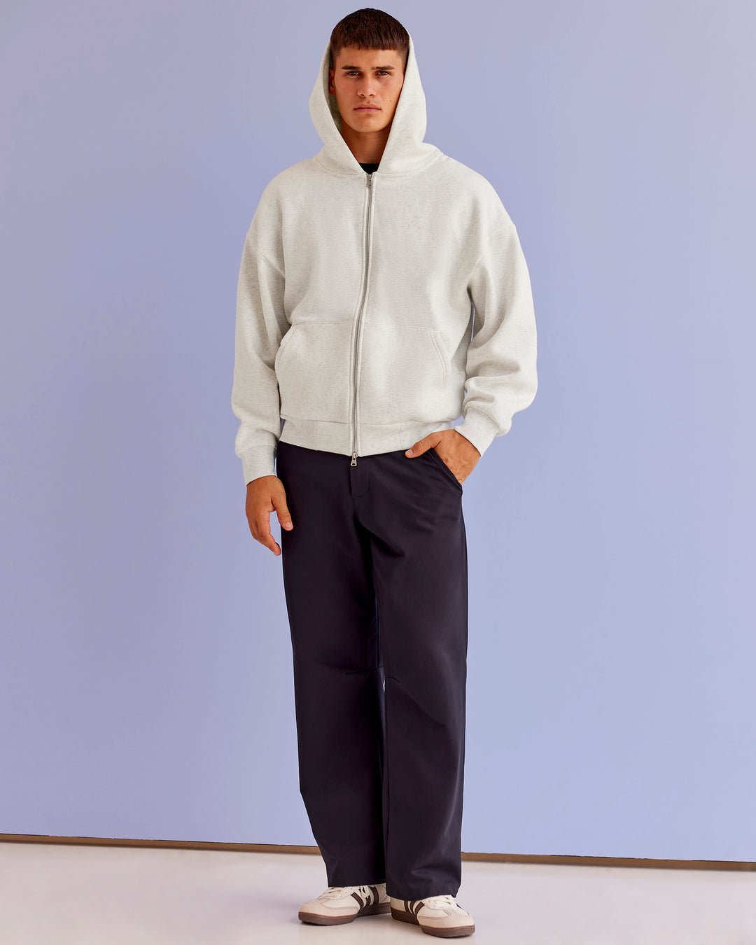 Man wearing Base Zip Through Oversized Hoodie - Silver Marl | Model:Jackson | Size:L - view 10