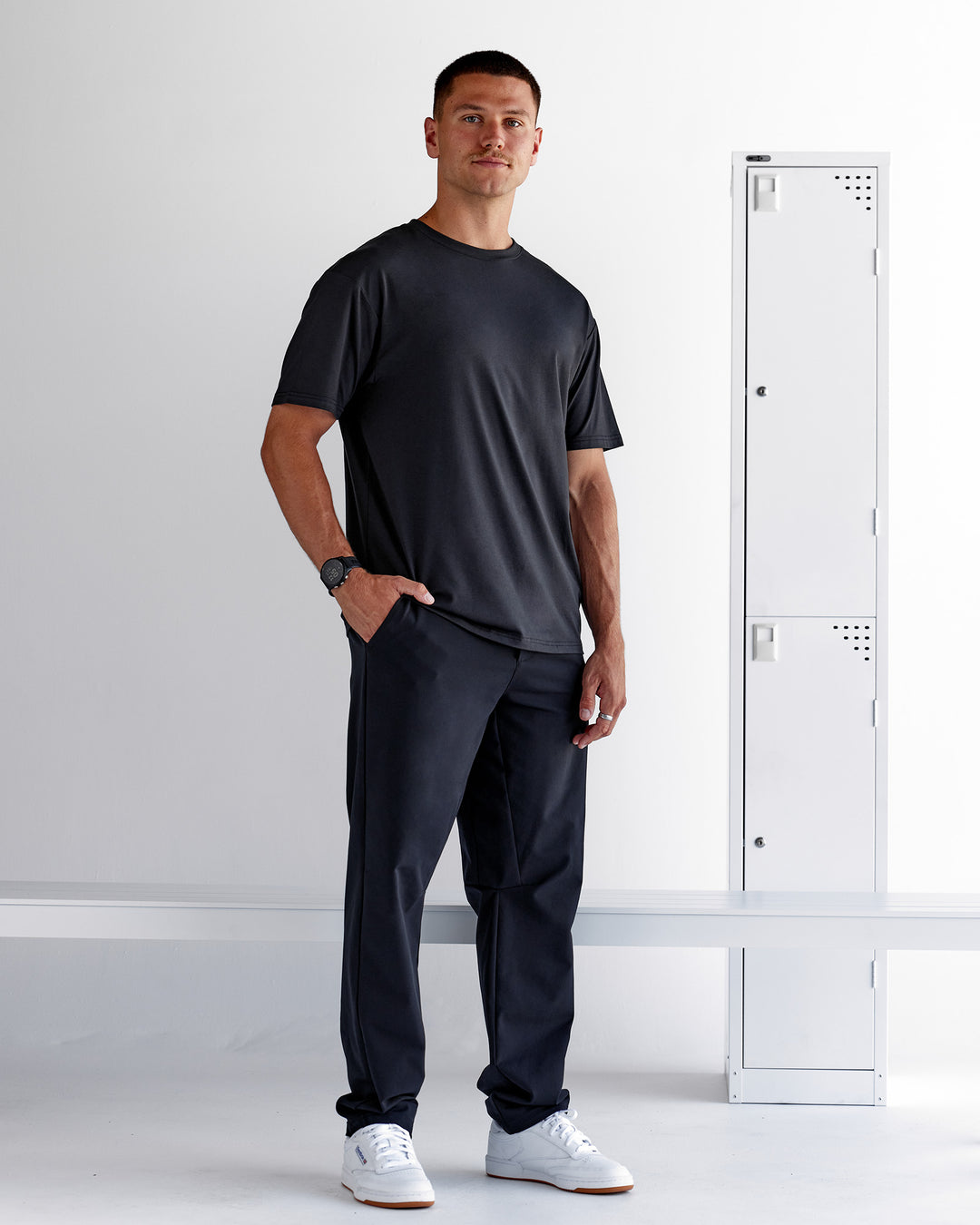 Man wearing Forever EffortlessTech Tee - Black | Model:Nikola | Size:L - view 1