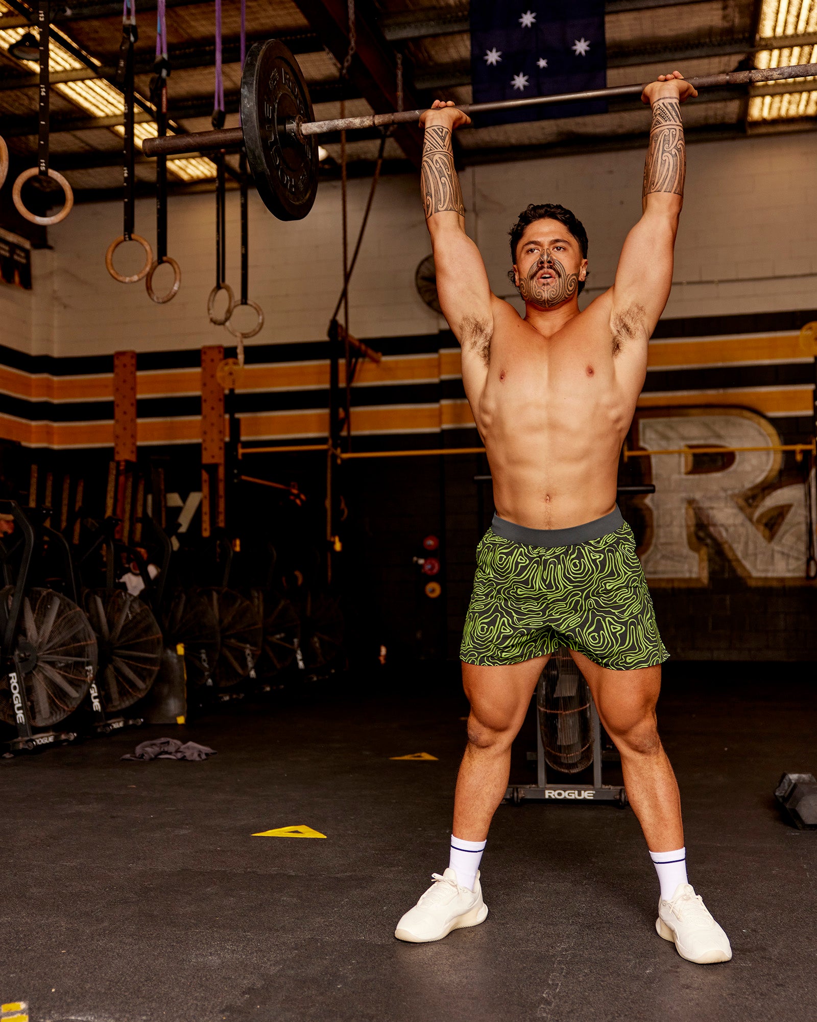 Man wearing Functional Training 5" Short - Friction Print Hyper Green | Model:Hiko | Size:L