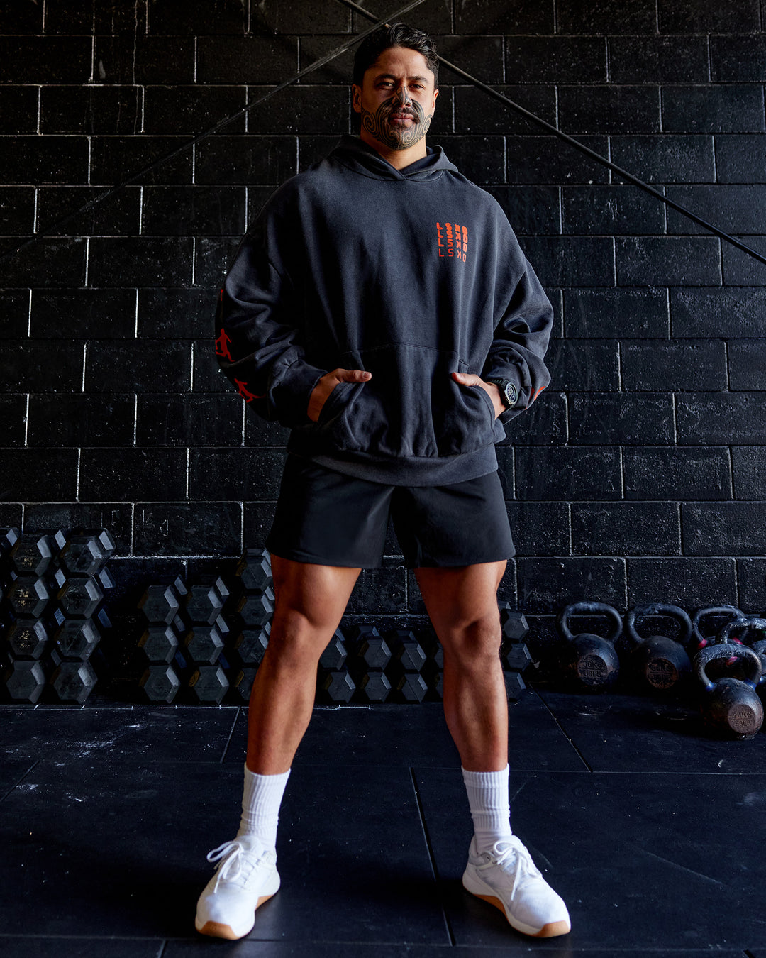Man wearing Journey Washed Unisex Oversize Hoodie - Black-Ultra Orange | Model:Hiko | Size:L - view 2