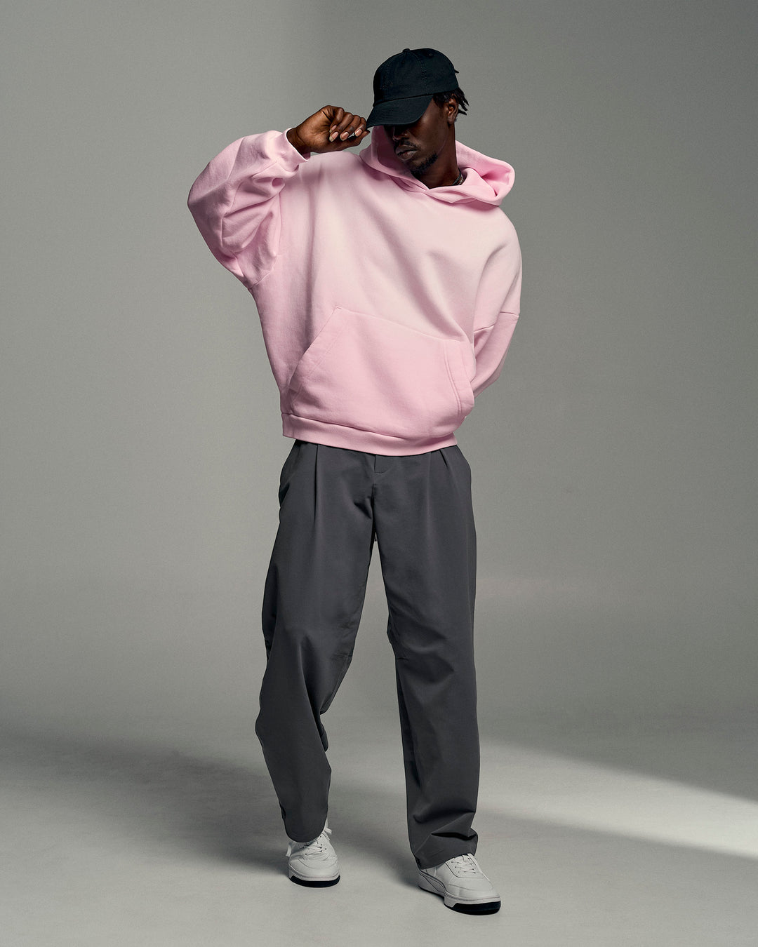 Man wearing Memory In Motion Ultra Heavyweight Washed Hoodie - Marshmallow Washed | Model:Okello | Size:L - view 14