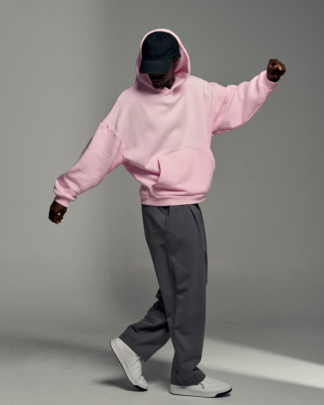 Man wearing Memory In Motion Ultra Heavyweight Washed Hoodie - Marshmallow Washed | Model:Okello | Size:L - view 3
