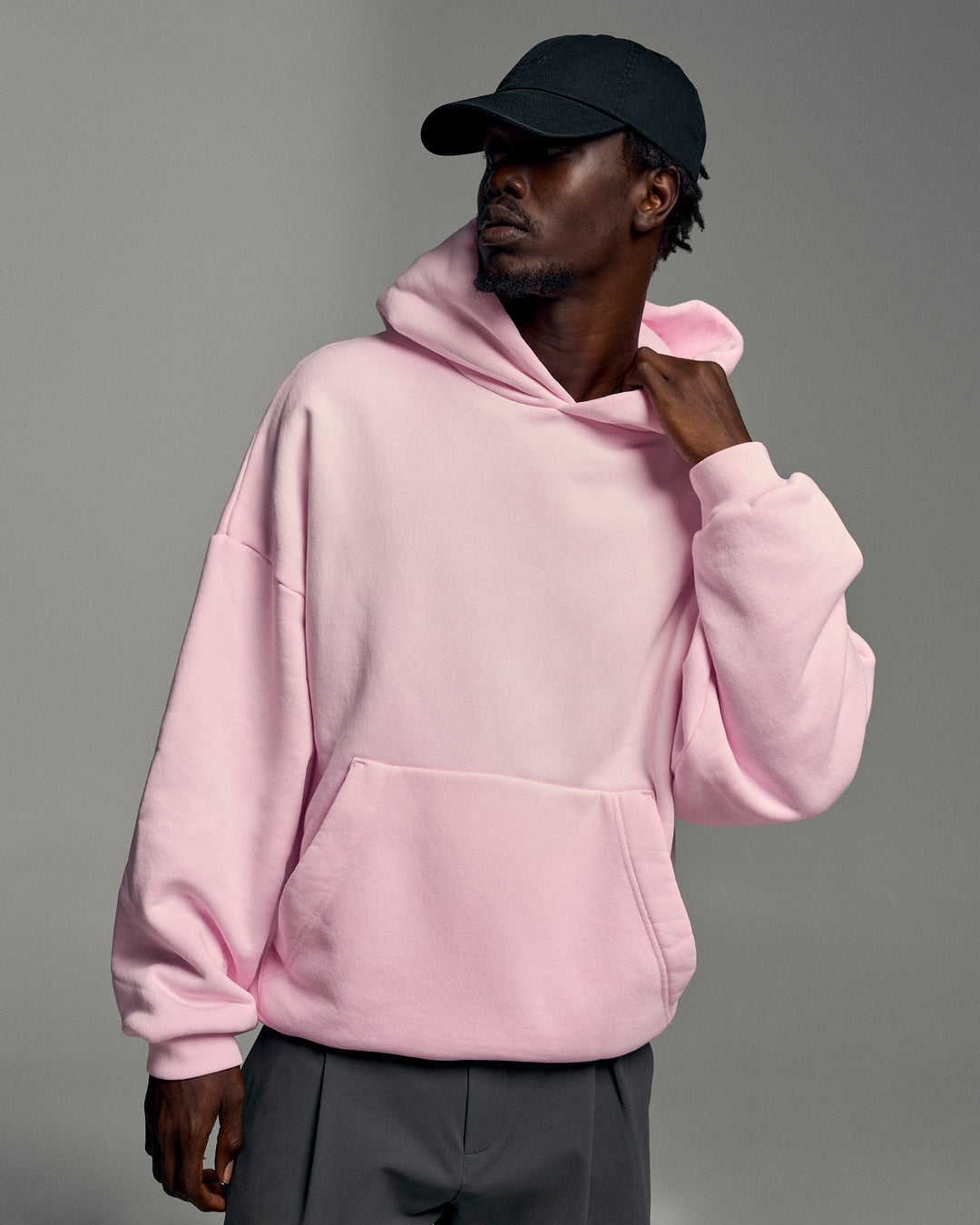 Man wearing Memory In Motion Ultra Heavyweight Washed Hoodie - Marshmallow Washed | Model:Okello | Size:L - view 6