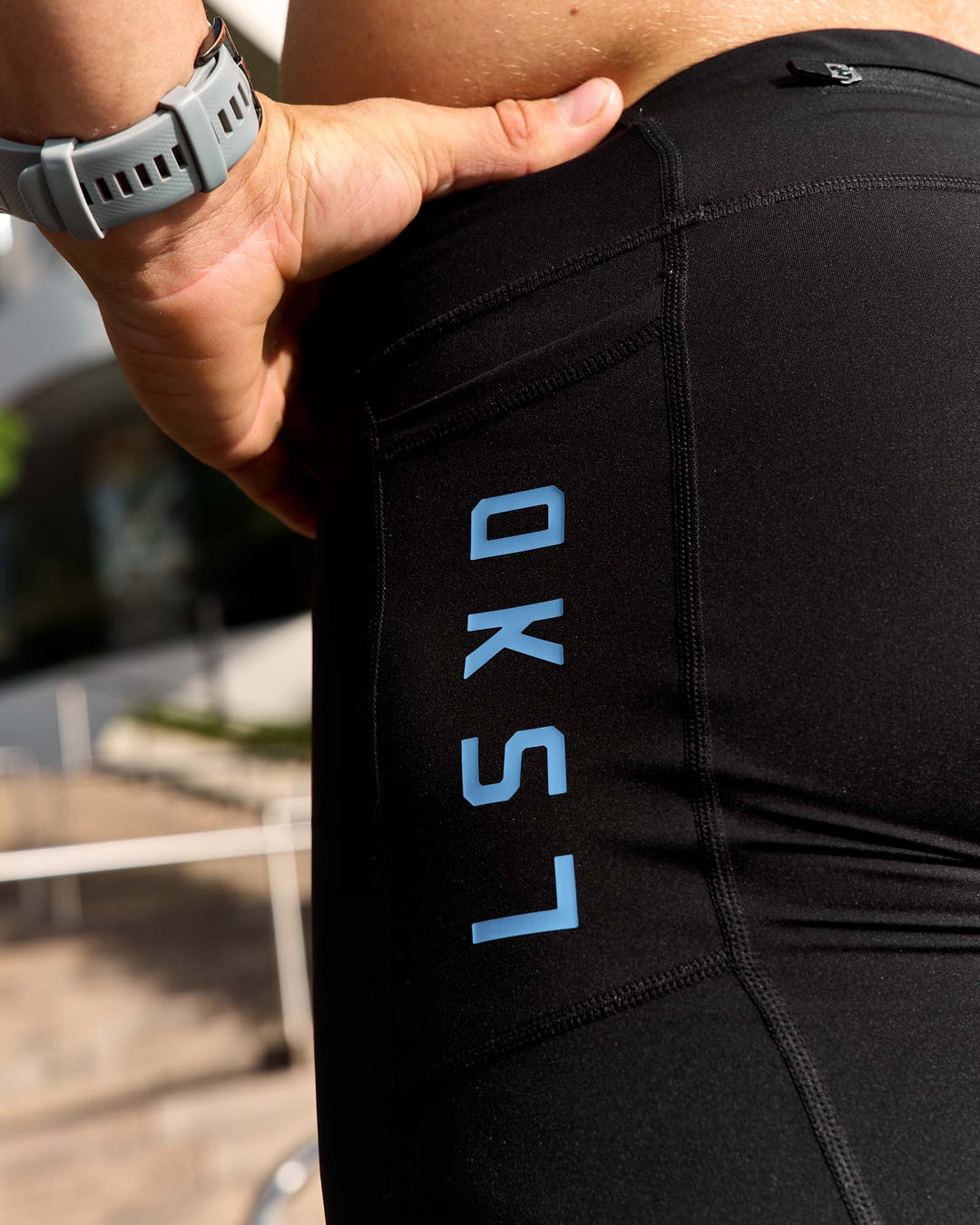 Man wearing Race Day 8" Short Tight - Black-Palace Blue | Model:Cooper | Size:L - view 3