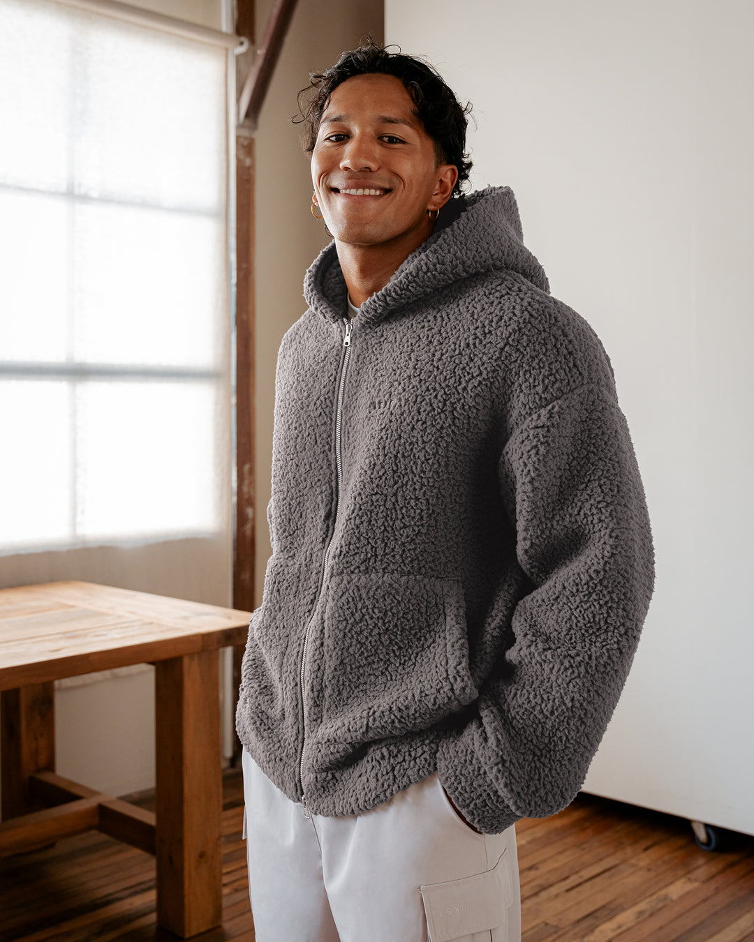Man wearing Sherpa Oversized Jacket - Dark Storm | Size:L - view 4