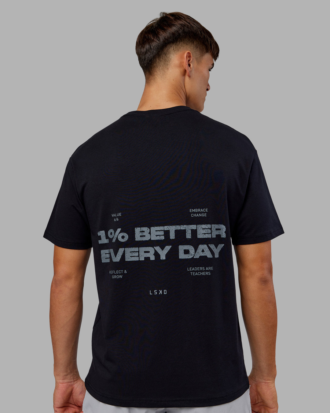 Man wearing 1% Better Value Series FLXCotton Tee Oversize - Black-Black | Model:Jackson | Size:L - view 11