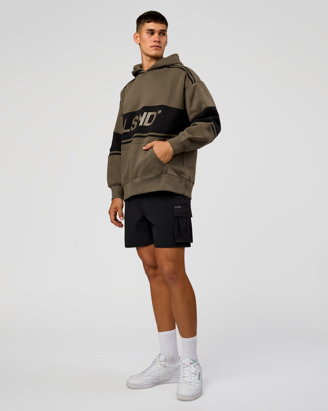 Man wearing A-Team Oversized Hoodie - Walnut Grey-Caviar | Model:Jackson | Size:L - view 8