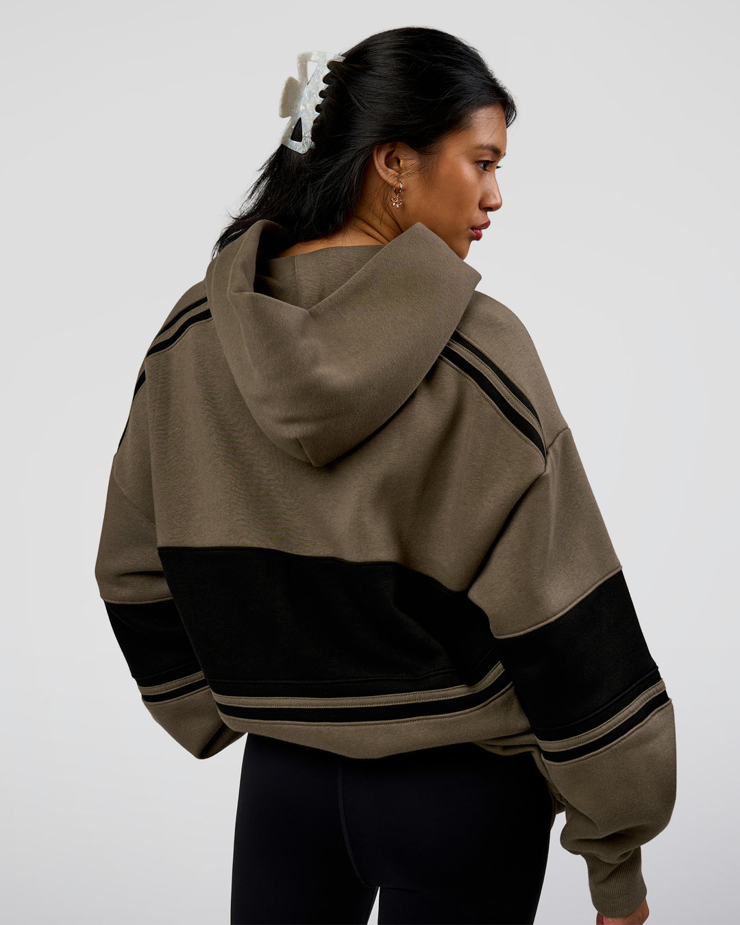 Woman wearing 
A-Team Oversized Hoodie - Walnut Grey-Caviar | Model:Loren | Size:L - view 5