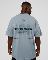Man wearing Abstract Haze FLXCotton Tee - Dusty Blue-Black | Model:Sam | Size:L | Thumbnail Index: 2
