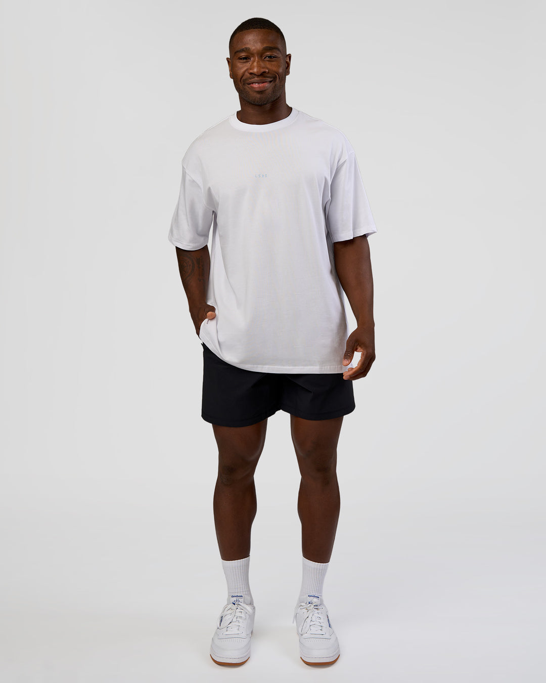 Man wearing Abstract Haze FLXCotton Tee - White-Blue Aura | Model:Sam | Size:L - view 6