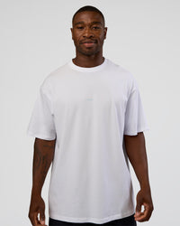 Man wearing Abstract Haze FLXCotton Tee - White-Blue Aura | Model:Sam | Size:L | Thumbnail Index: 2
