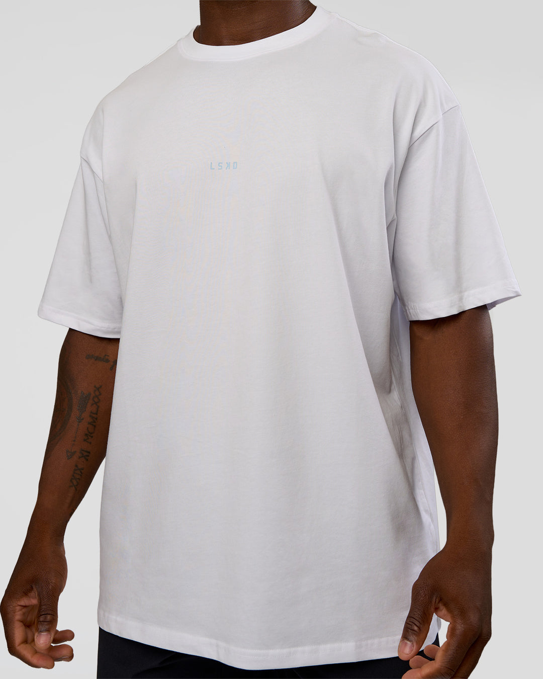 Man wearing Abstract Haze FLXCotton Tee - White-Blue Aura | Model:Sam | Size:L - view 8