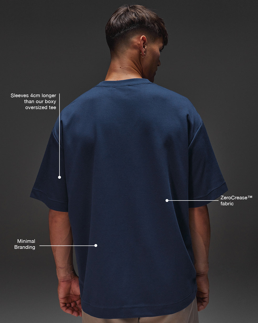 Man wearing AfterDark ZeroCrease Oversized Tee - Future Navy | Model:Jackson | Size:L - view 2