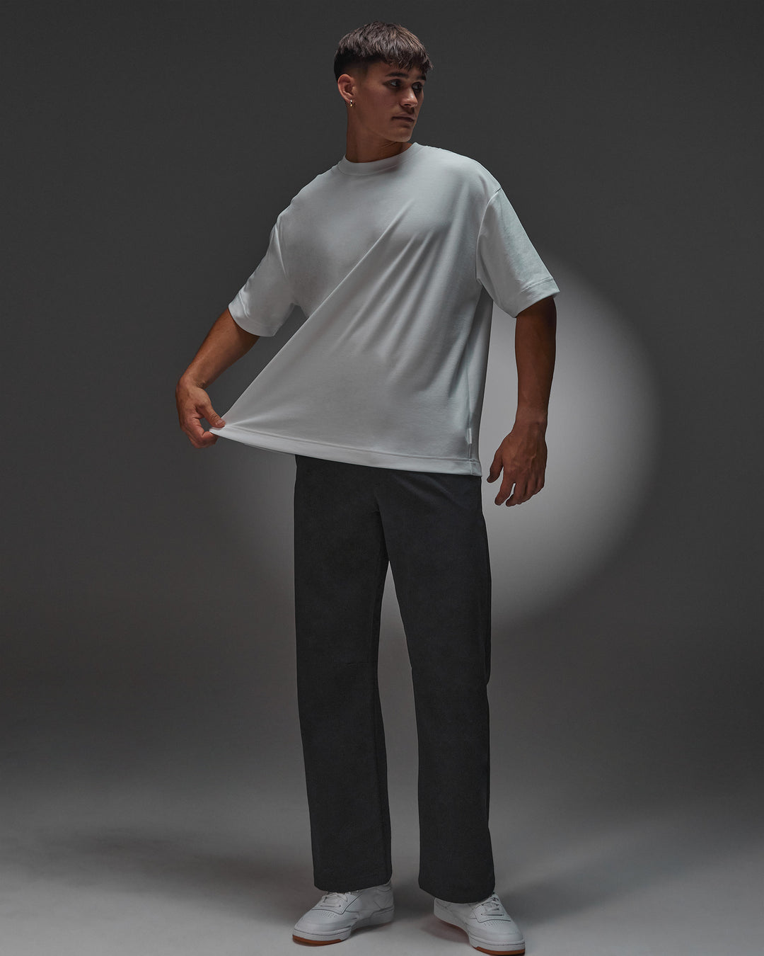 Man wearing AfterDark ZeroCrease Oversized Tee - White | Model:Jackson | Size:L - view 4