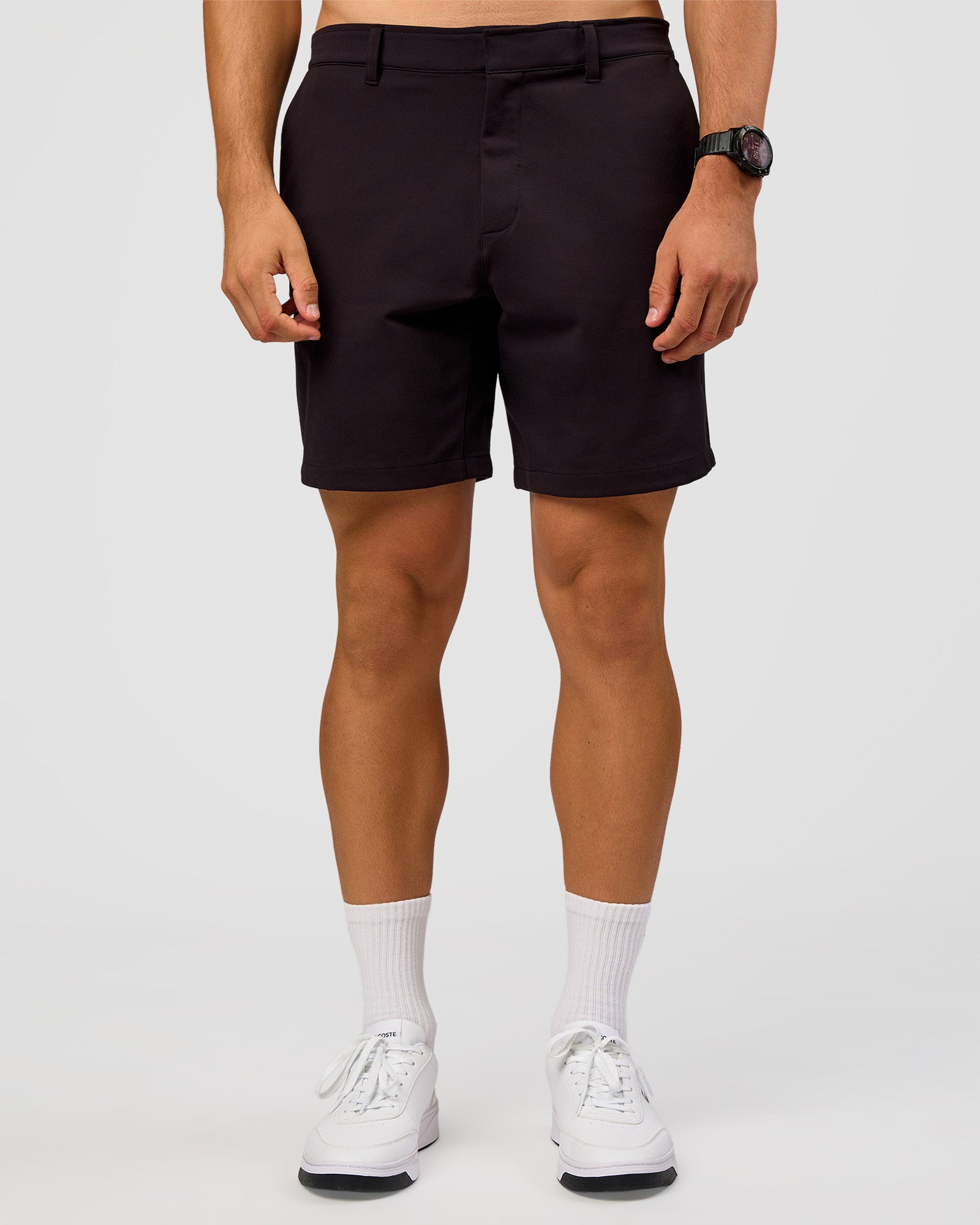 Man wearing All Day ZeroCrease™ Regular 8" Short - Black | Model:Liam | Size:34