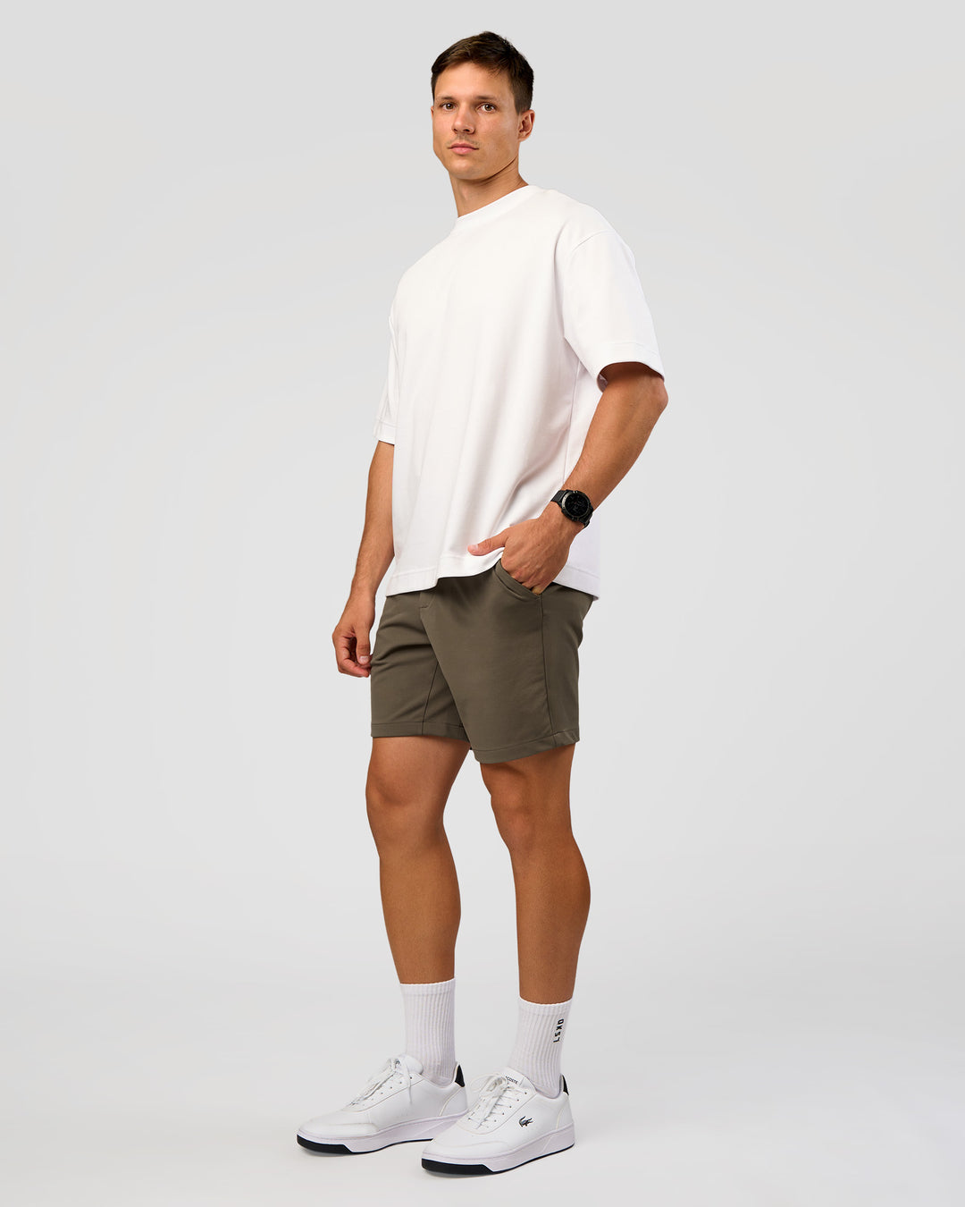 Man wearing All Day ZeroCrease™ Regular 8" Short - Walnut Grey | Model:Liam | Size:34 - view 8