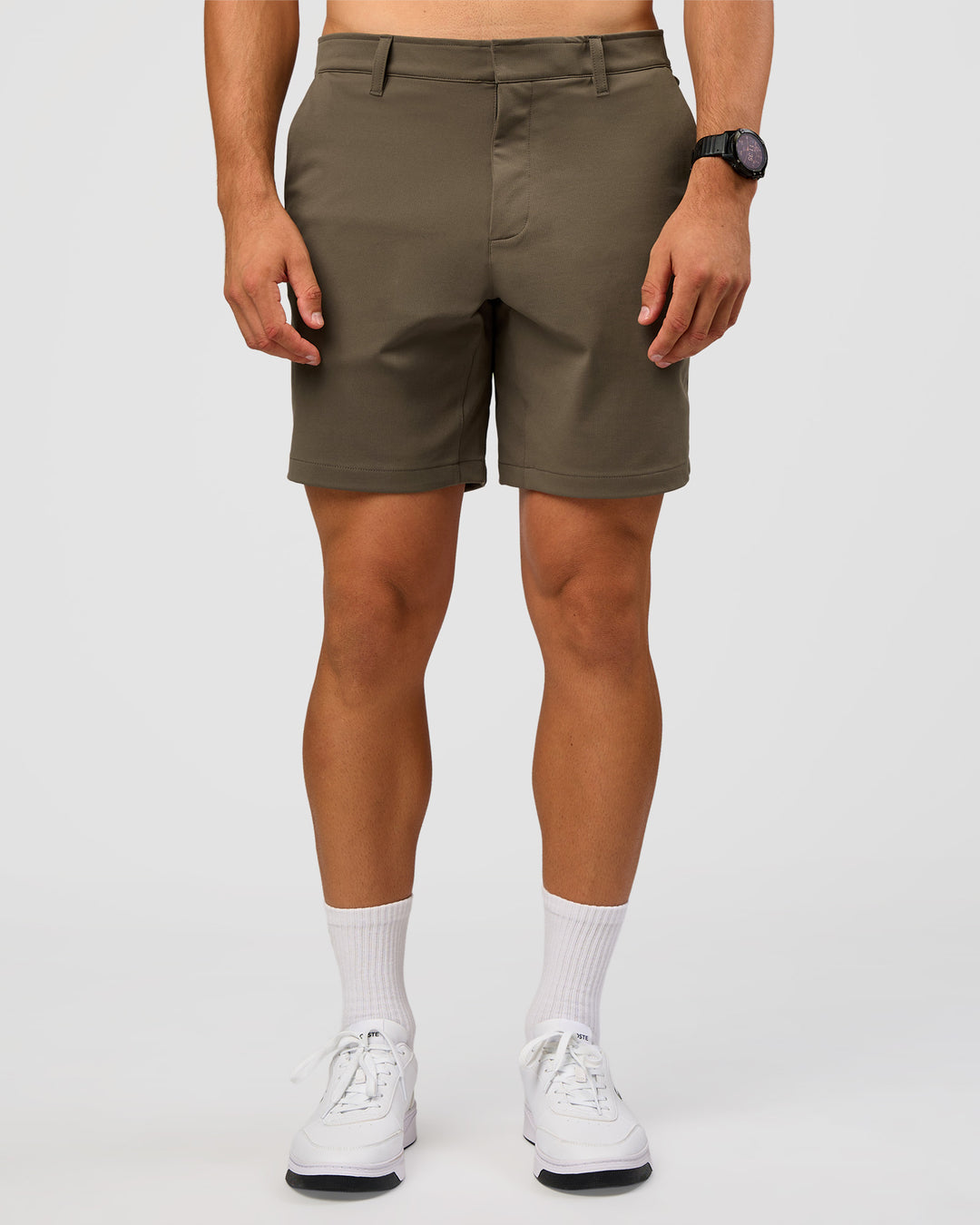 Man wearing All Day ZeroCrease™ Regular 8" Short - Walnut Grey | Model:Liam | Size:34 - view 6