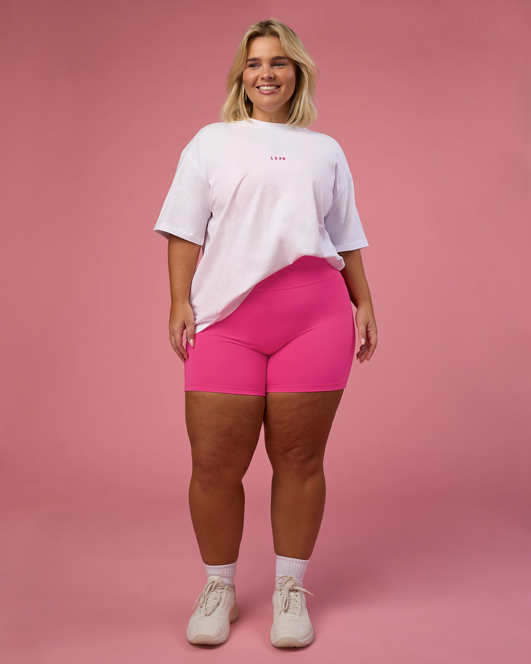 Woman wearing BCAM Go-To FLXCotton Oversized Tee - White-Ultra Pink | Model:Bianca | Size:L - view 2