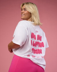 Woman wearing BCAM Go-To FLXCotton Oversized Tee - White-Ultra Pink | Model:Bianca | Size:L | Thumbnail Index: 0