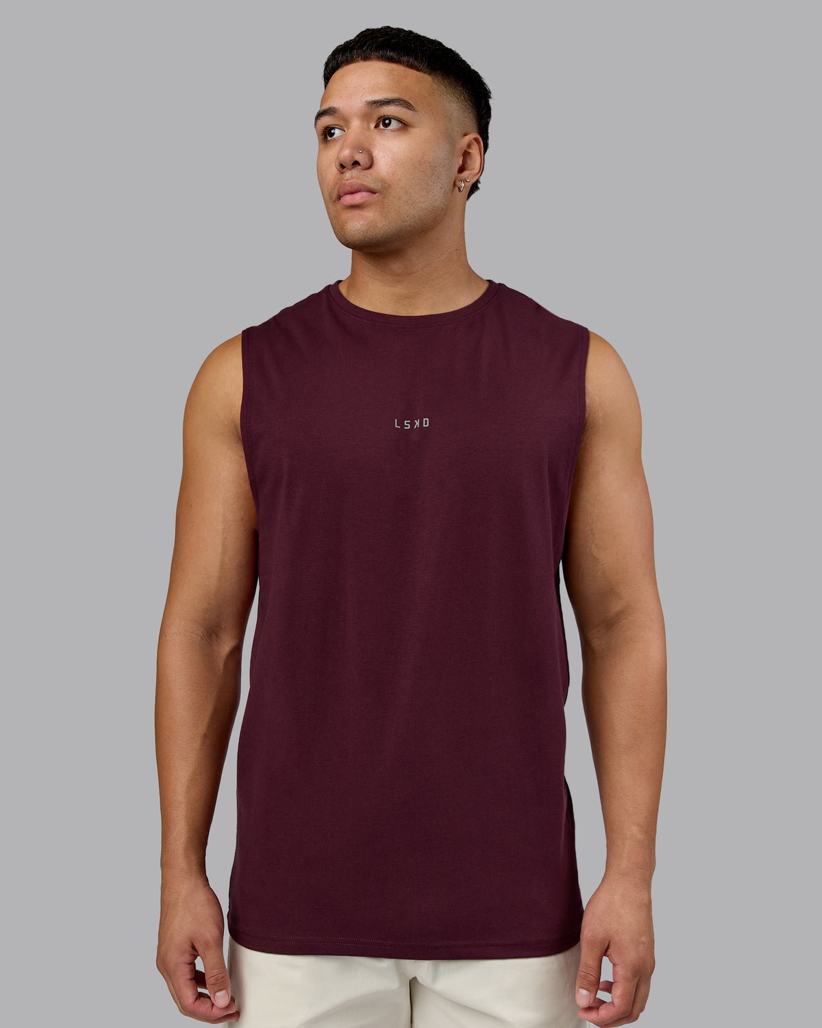 Man wearing Base FLXCotton Tank - Cherry Lacquer | Model:Kaelyb | Size:L