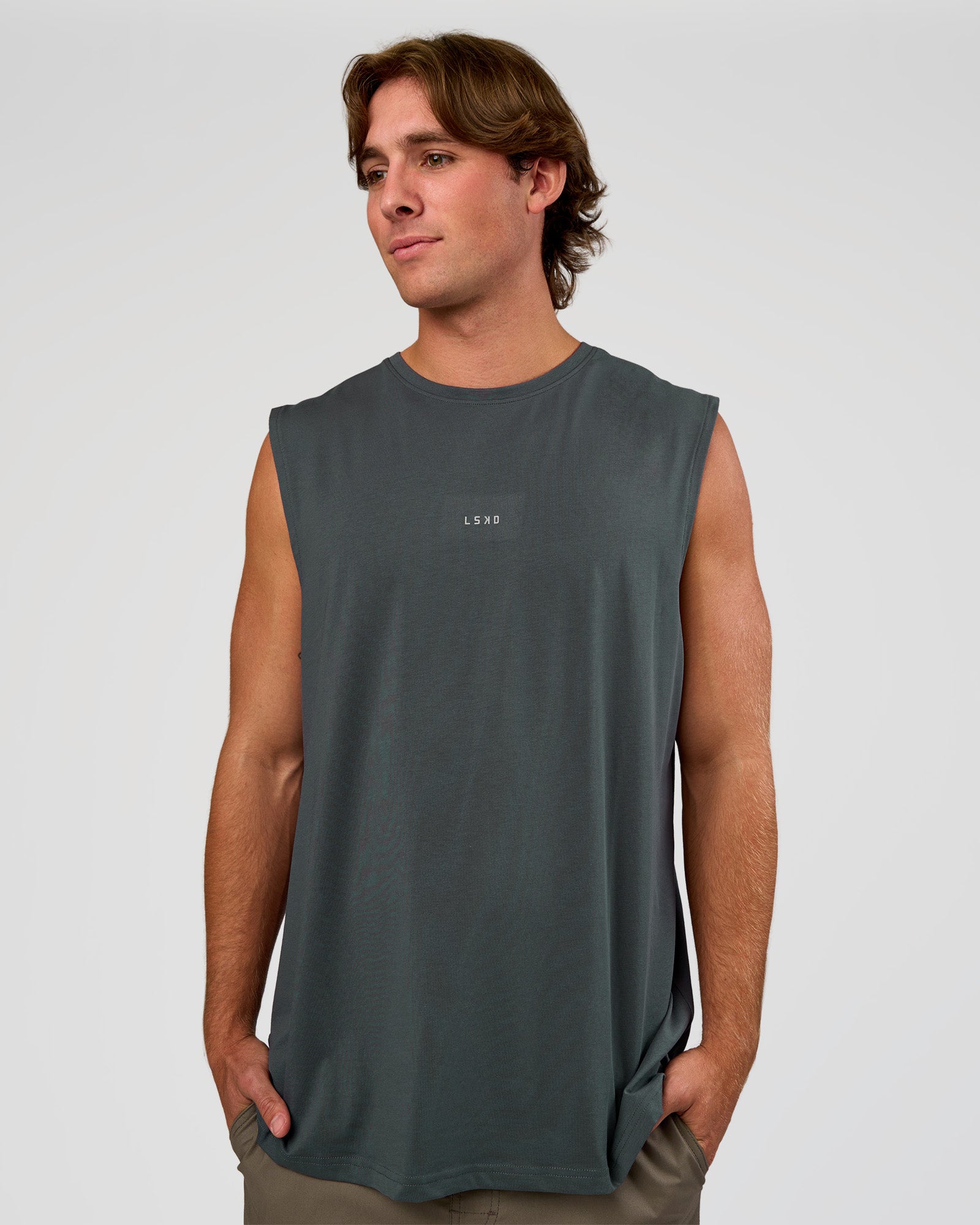 Man wearing Base FLXCotton Tank - Dark Slate | Model:Marcus | Size:L