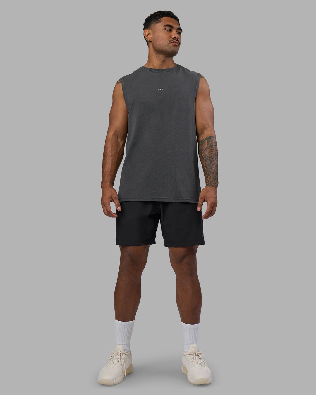 Man wearing Base FLXCotton Tank - Dark Storm Washed | Model:Xav | Size:L - view 6