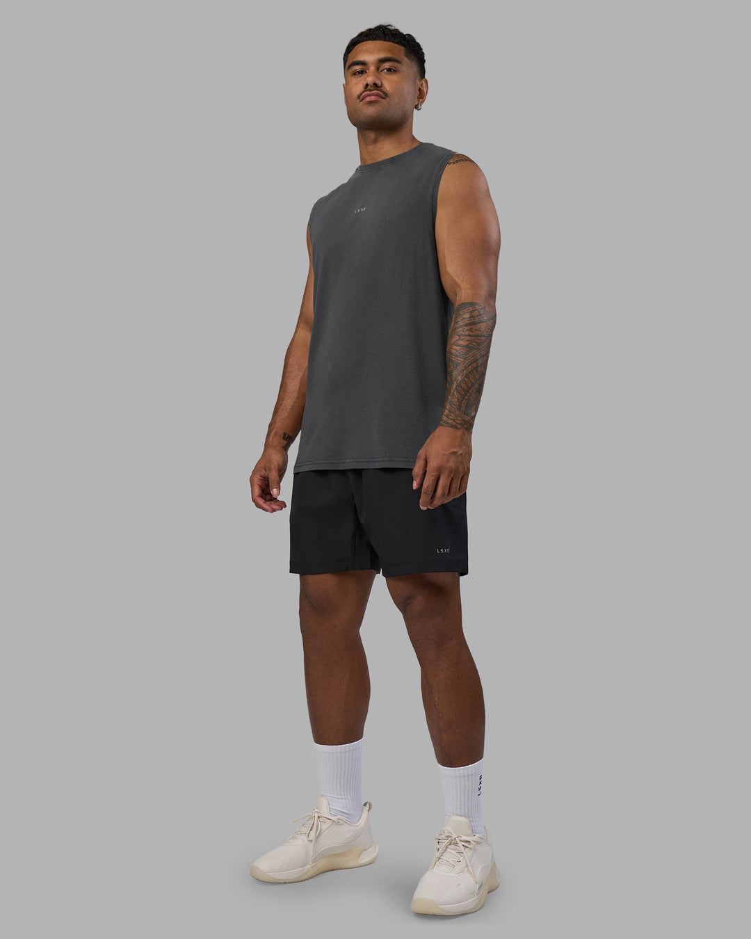 Man wearing Base FLXCotton Tank - Dark Storm Washed | Model:Xav | Size:L - view 2