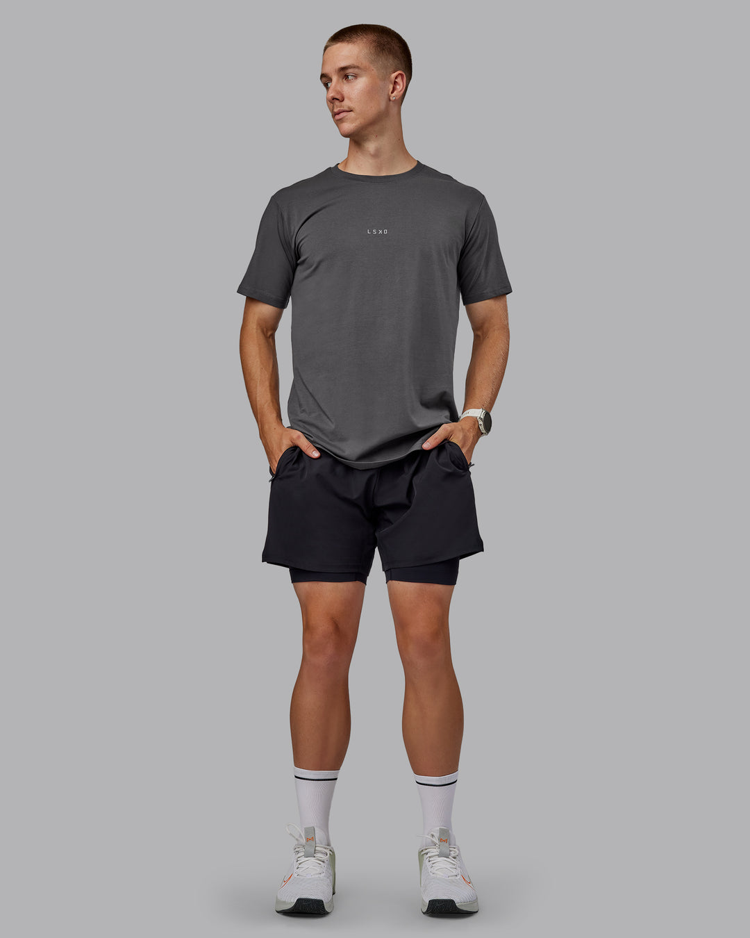 Man wearing Base FLXCotton Tee - Dark Storm - view 3
