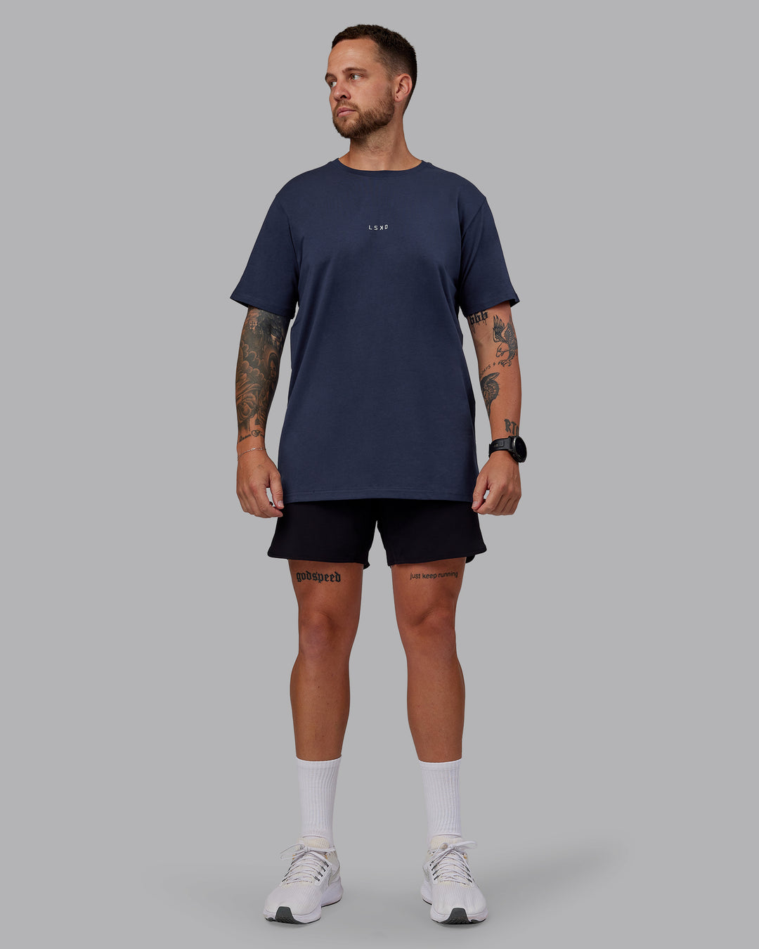 Man wearing Base FLXCotton Tee in Future Navy | Size:L - view 5