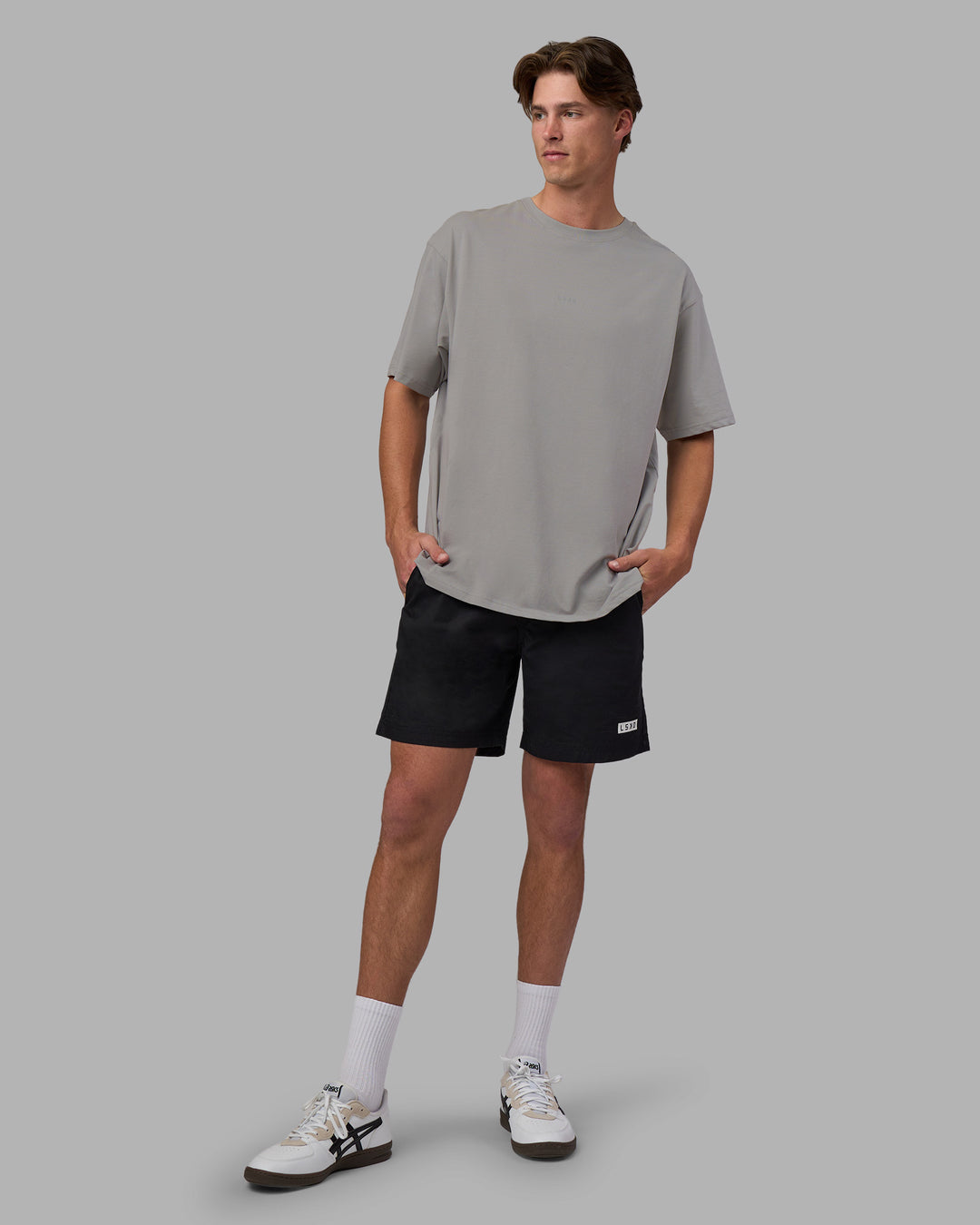 Man wearing Base FLXCotton Tee Oversized - Circular-Grey  Model:Brandon | Size:L - view 5