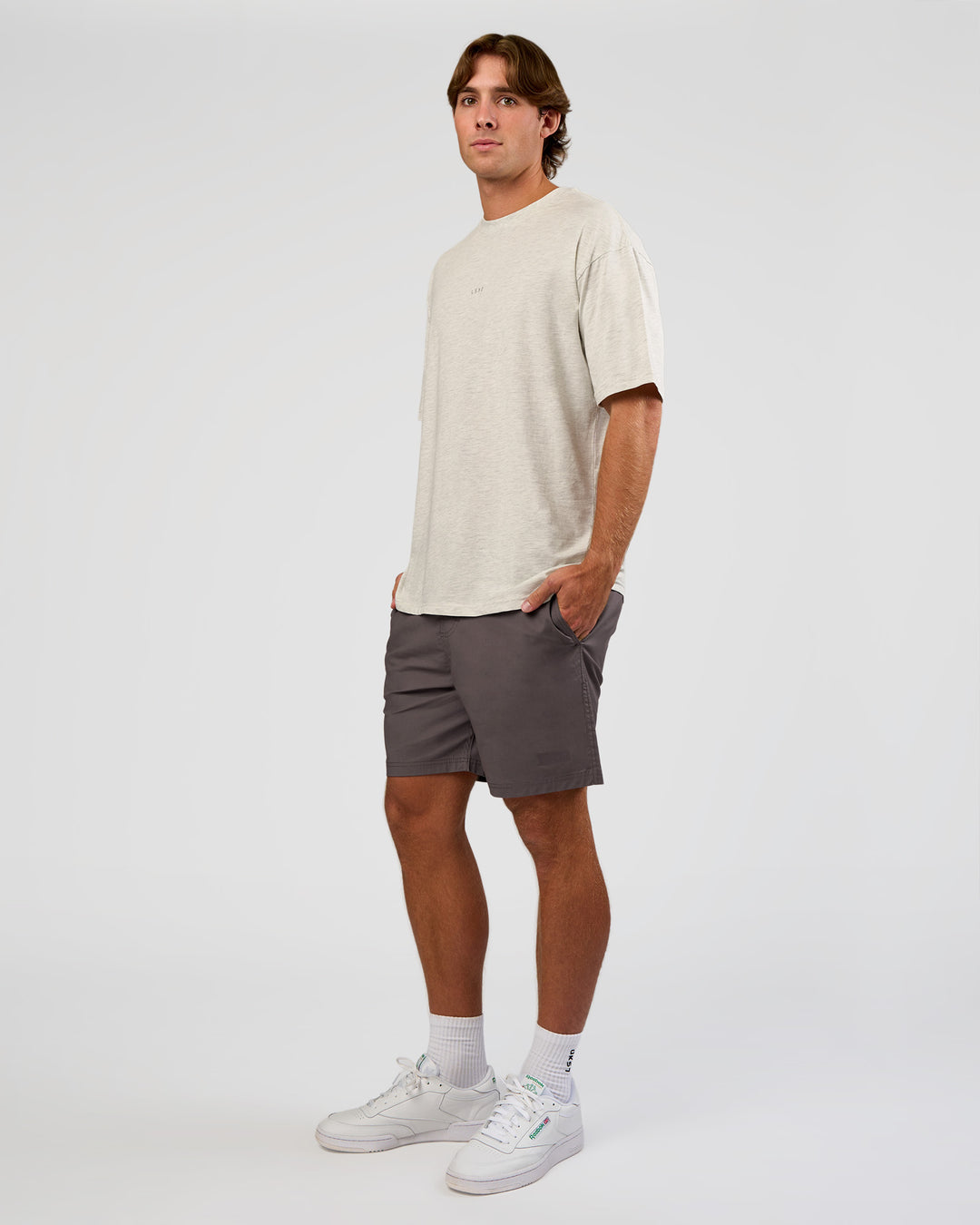 Man wearing Base FLXCotton Tee Oversized - Silver Marl | Model:Marcus | Size:L - view 2