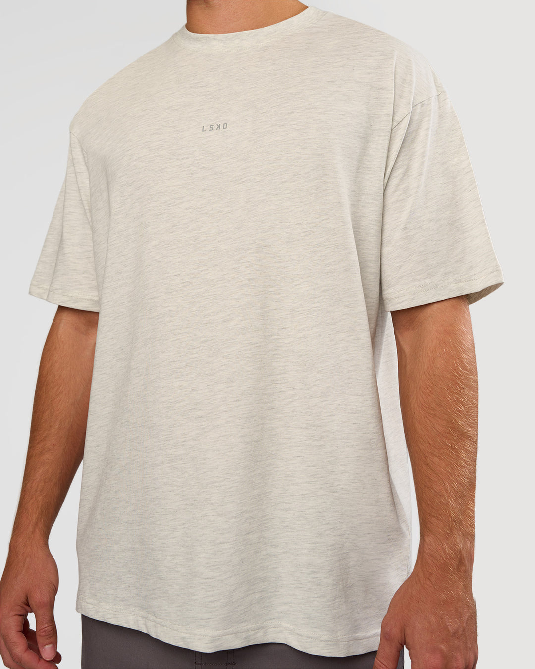 Man wearing Base FLXCotton Tee Oversized - Silver Marl | Model:Marcus | Size:L - view 4