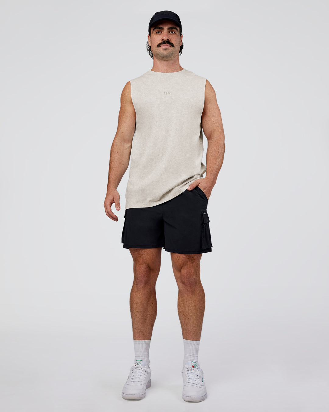 Man wearing Base Heavyweight FLXCotton Tank Regular Fit +2cm - Silver Marl | Model:Adam | Size:L - view 5