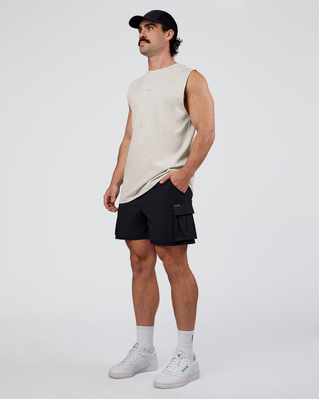 Man wearing Base Heavyweight FLXCotton Tank Regular Fit +2cm - Silver Marl | Model:Adam | Size:L - view 3