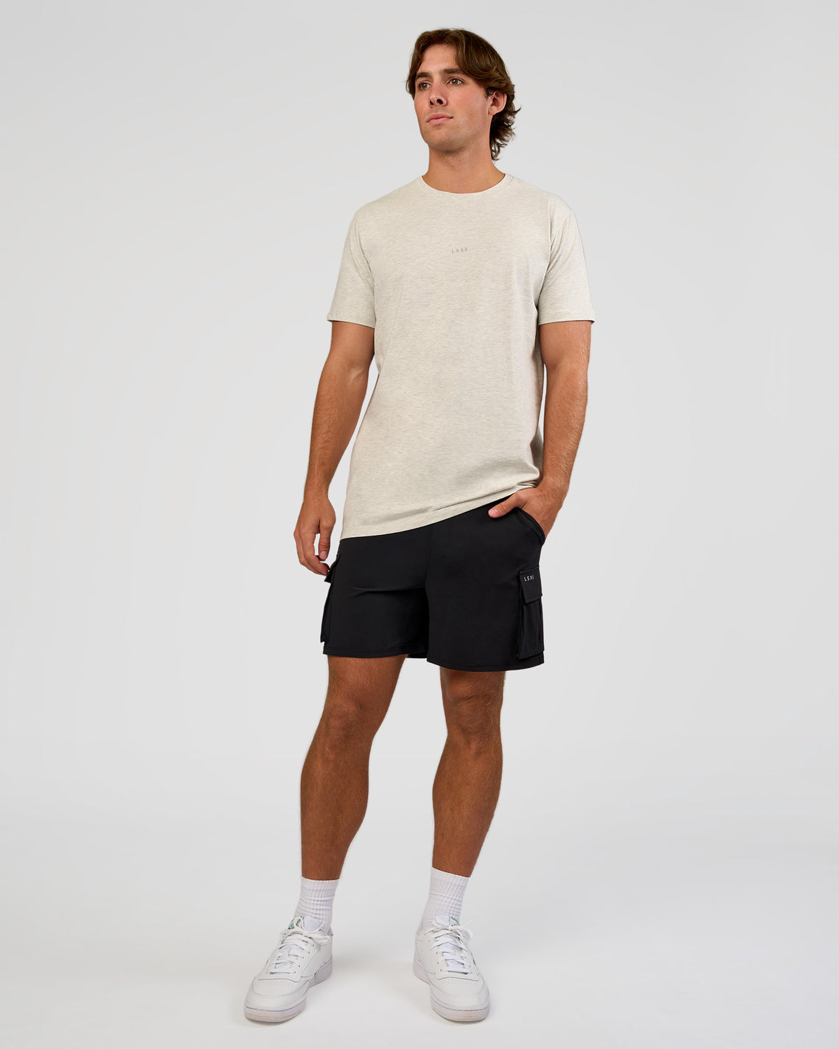 Man wearing Base Heavyweight FLXCotton Tee Regular Fit +2cm - Silver Marl | Model:Marcus | Size:L
