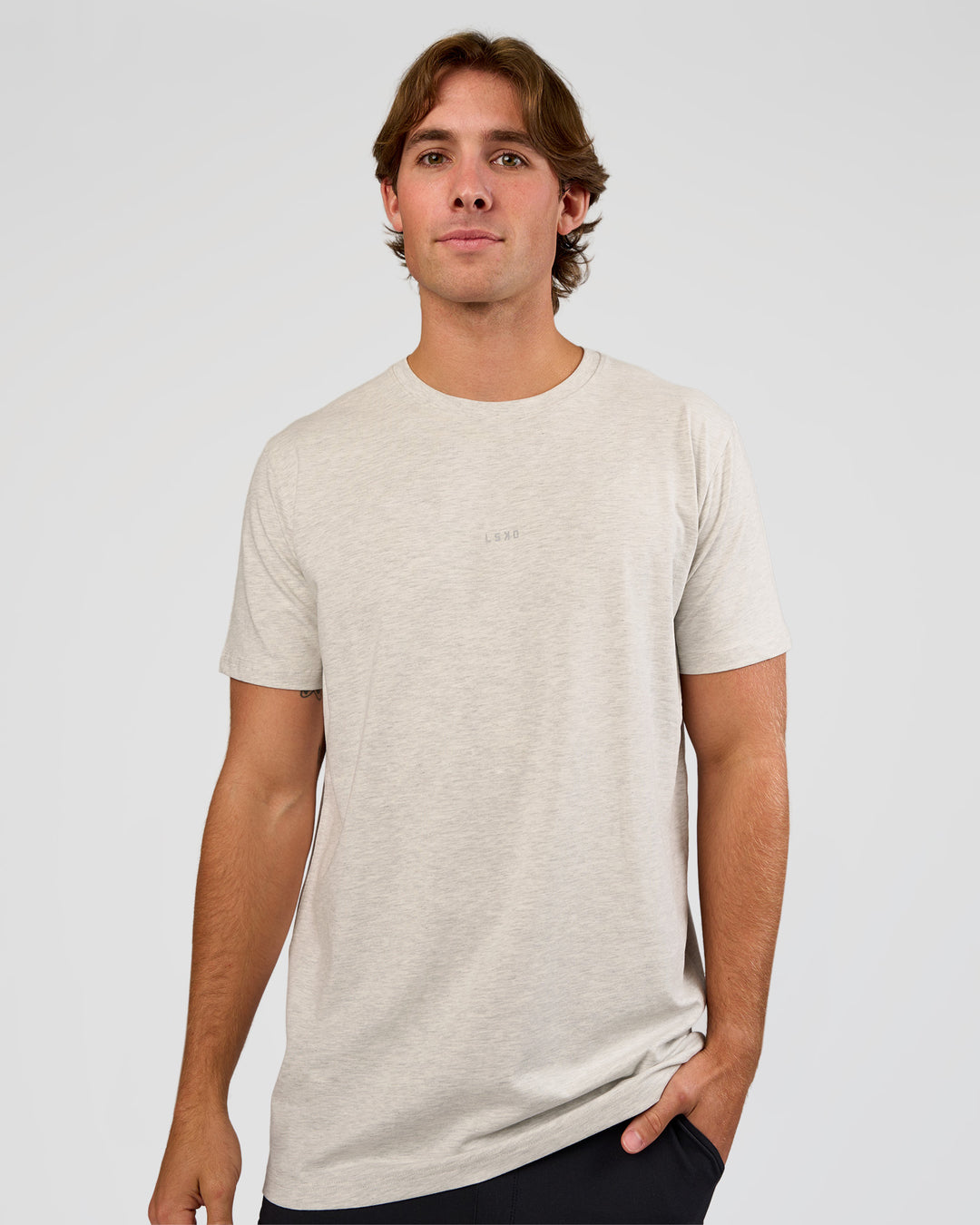 Man wearing Base Heavyweight FLXCotton Tee Regular Fit +2cm - Silver Marl | Model:Marcus | Size:L - view 1