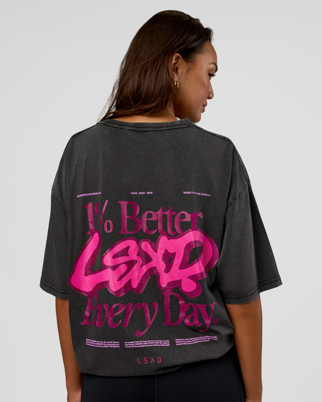 Woman wearing Break Through FLXCotton Oversized Tee - Black-Plum Caspia | Model:Kirstyn | Size:L - view 4